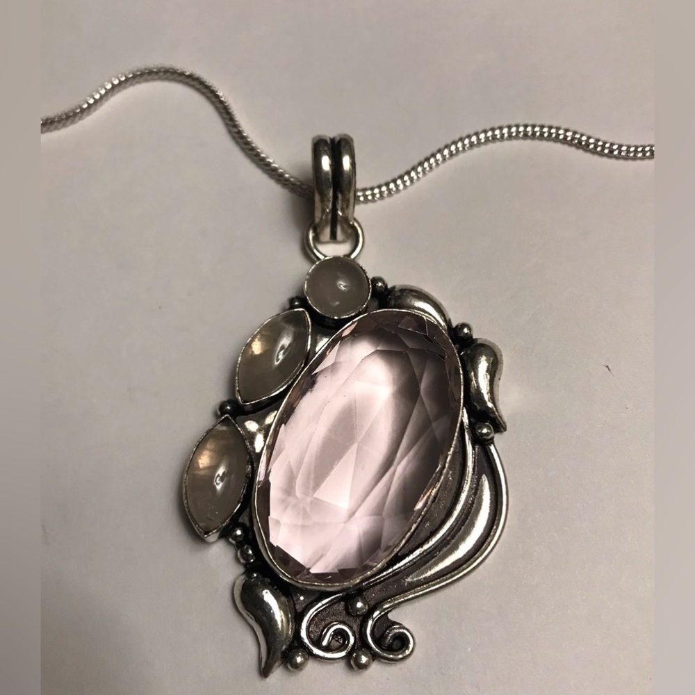 Pink Topaz  Rose Quartz Stamped 925 Sterling Silver Necklace